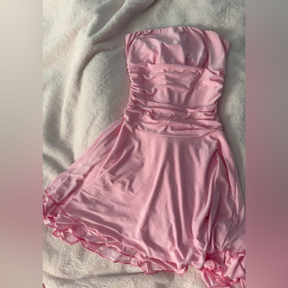 Fashion Nova Light Pink Strapless Ruched Skater Dress
